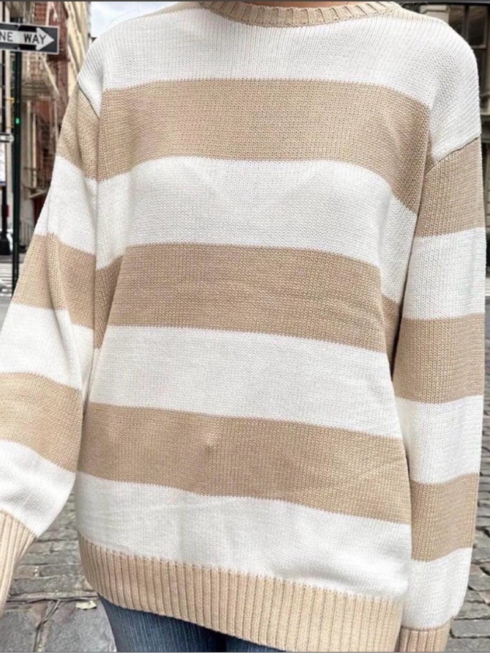 Brandy Melville Beige and White Striped Crewneck Sweater